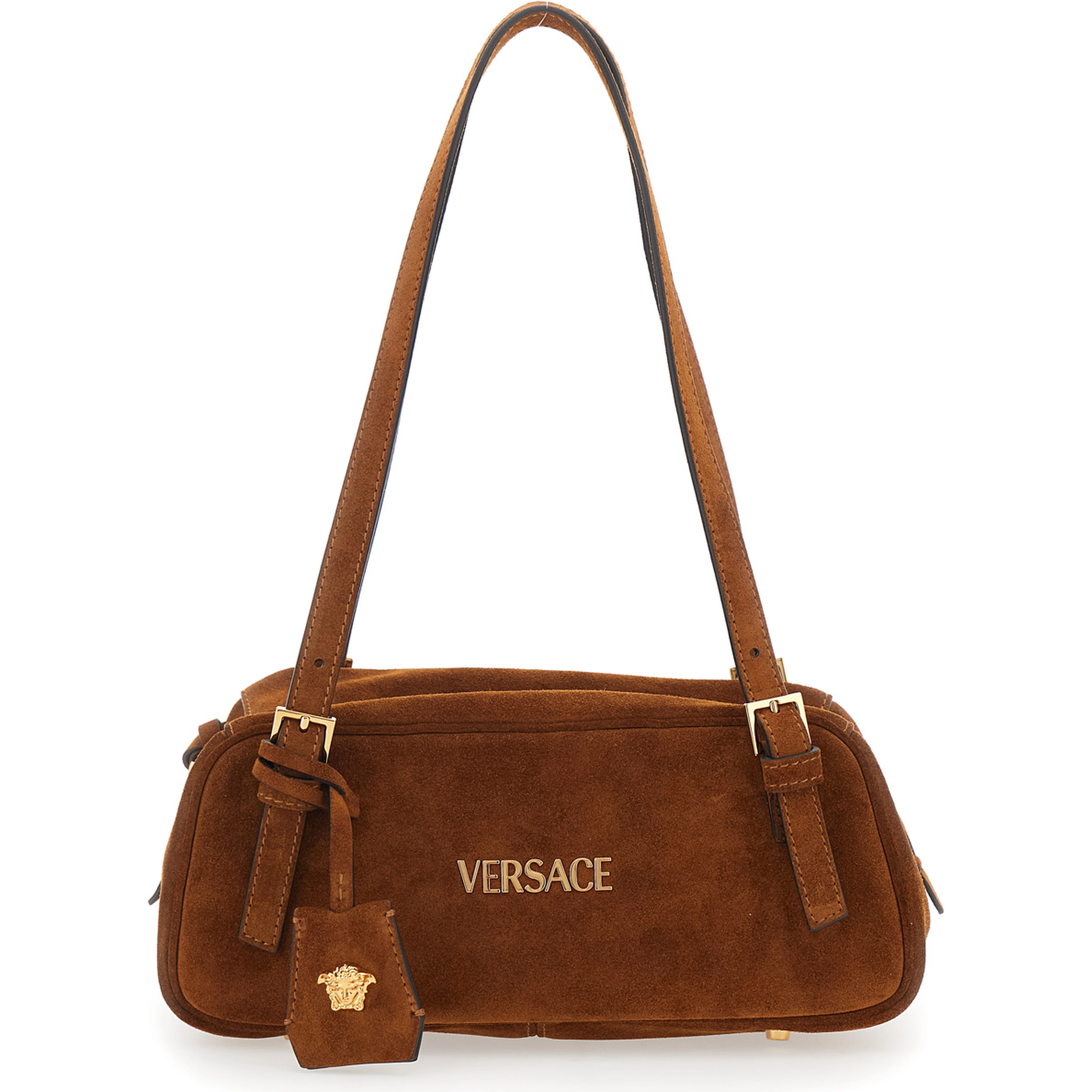 Tag Bowling Brown Shoulder Bag with Metallic Logo Lettering and Medusa Head Pendant in Suede Woman