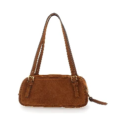 Tag Bowling Brown Shoulder Bag with Metallic Logo Lettering and Medusa Head Pendant in Suede Woman