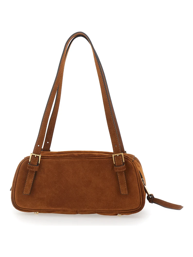 Tag Bowling Brown Shoulder Bag with Metallic Logo Lettering and Medusa Head Pendant in Suede Woman alternative