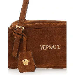 Tag Bowling Brown Shoulder Bag with Metallic Logo Lettering and Medusa Head Pendant in Suede Woman