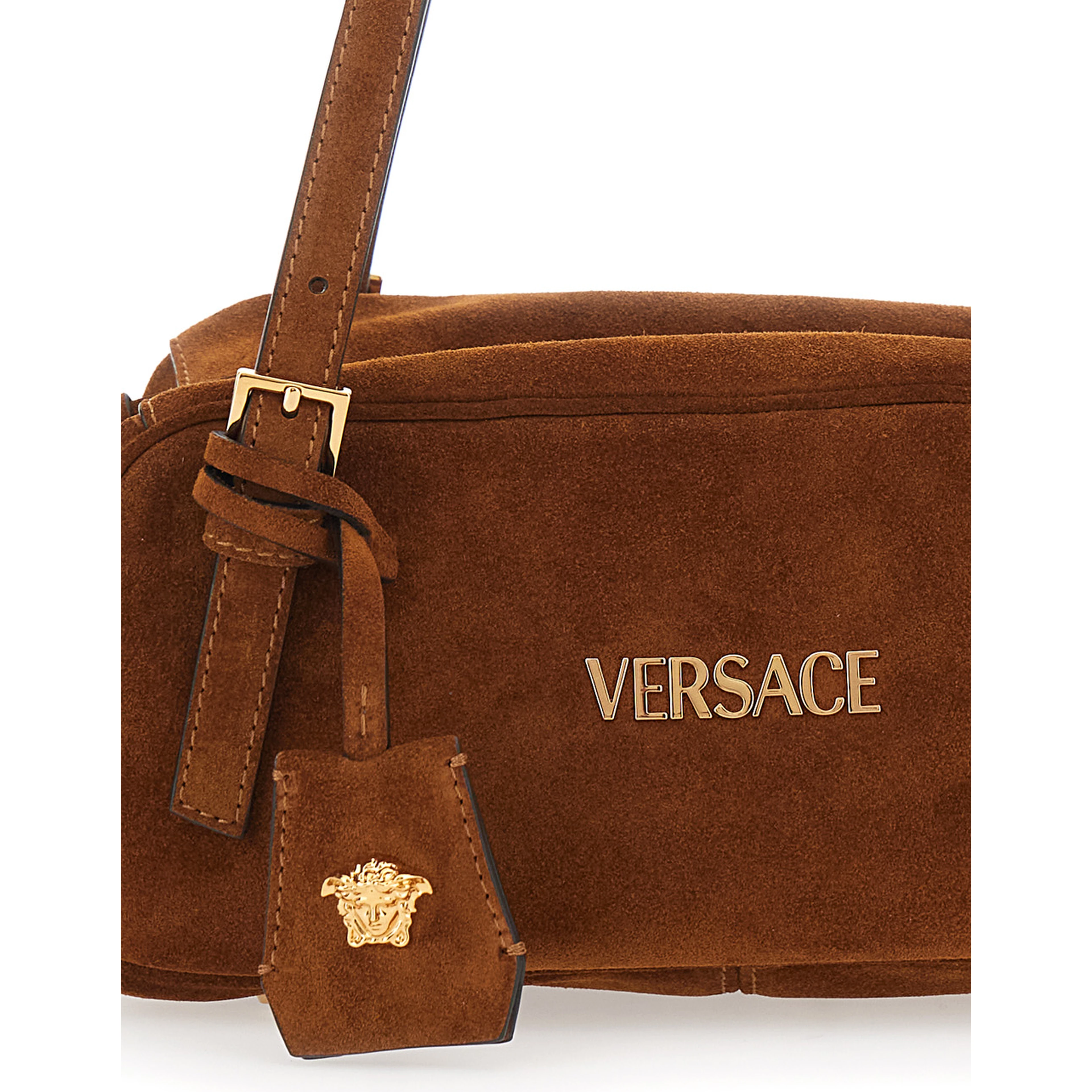 Tag Bowling Brown Shoulder Bag with Metallic Logo Lettering and Medusa Head Pendant in Suede Woman