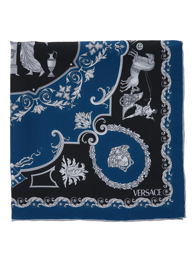 Blue Scarf with Geometric Pattern and Logo Lettering Print in Silk Man