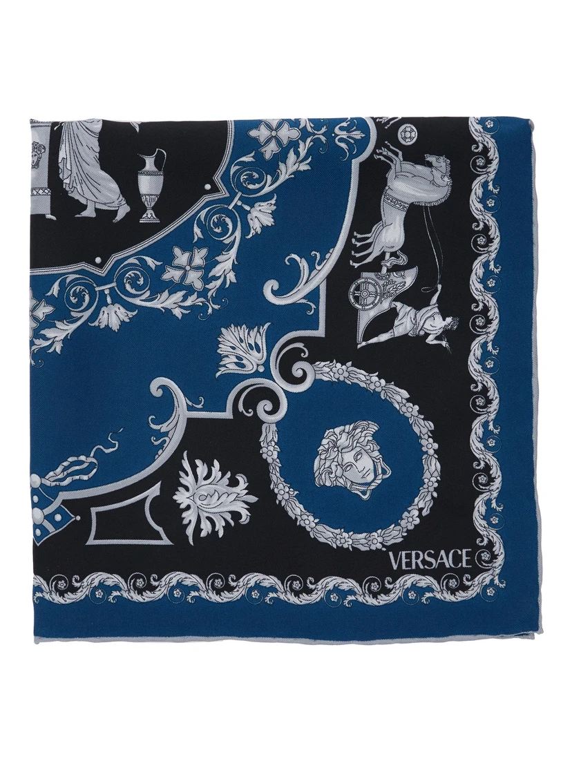 Blue Scarf with Geometric Pattern and Logo Lettering Print in Silk Man