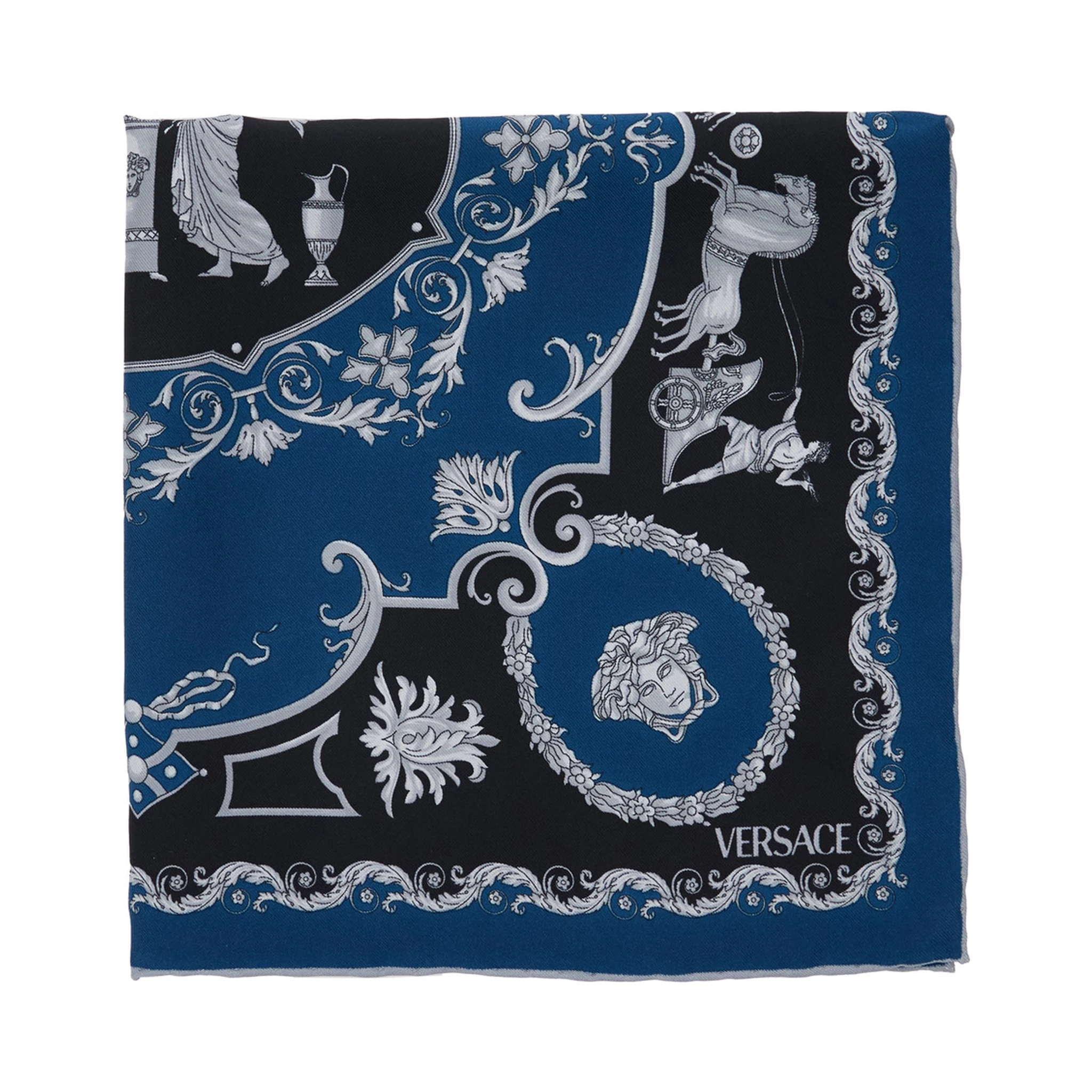 Blue Scarf with Geometric Pattern and Logo Lettering Print in Silk Man