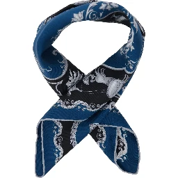Blue Scarf with Geometric Pattern and Logo Lettering Print in Silk Man