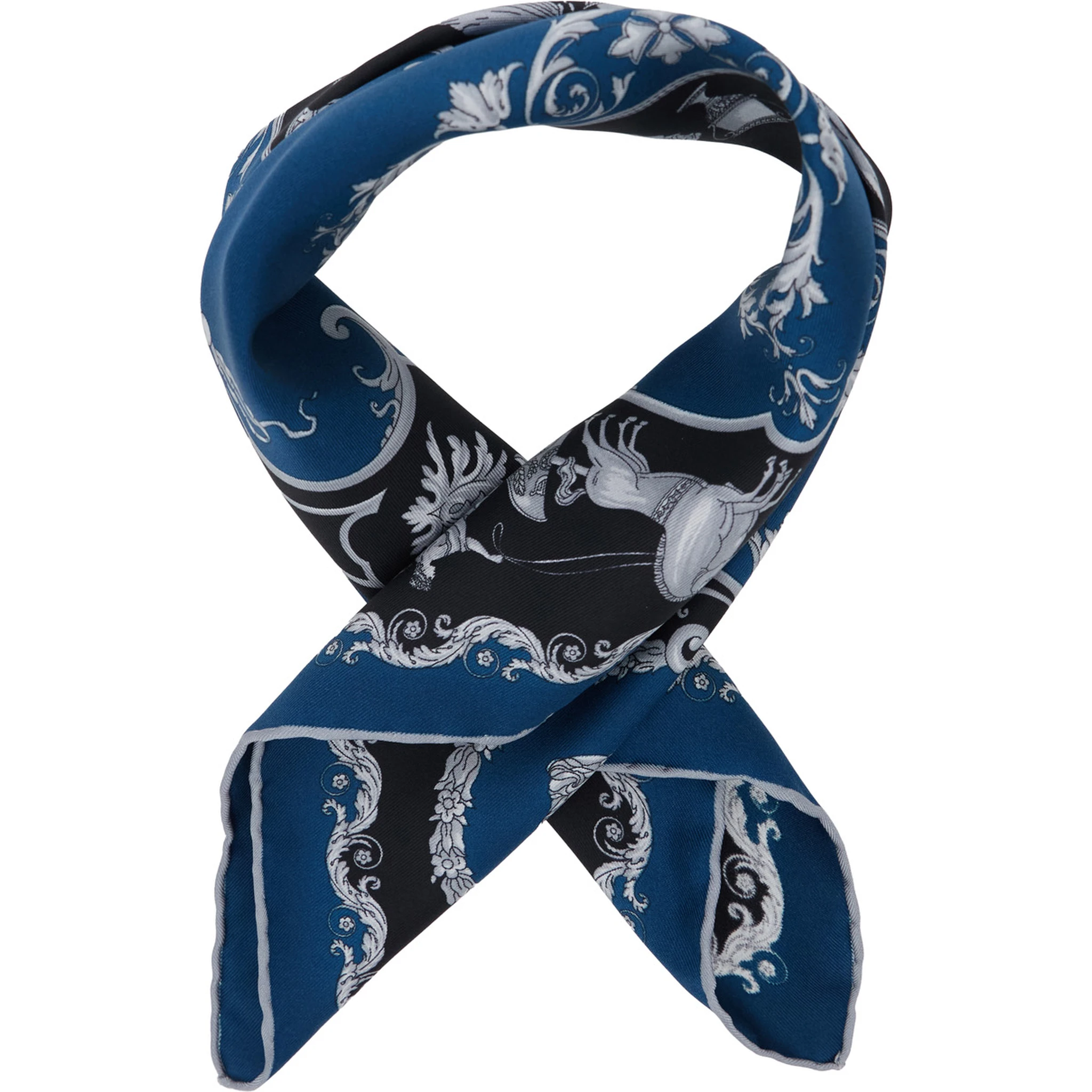 Blue Scarf with Geometric Pattern and Logo Lettering Print in Silk Man