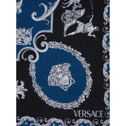 Blue Scarf with Geometric Pattern and Logo Lettering Print in Silk Man