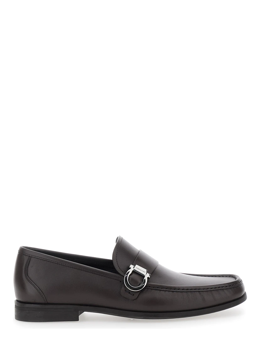 Brown Loafers with Gancini Detail on Side in Leather Man