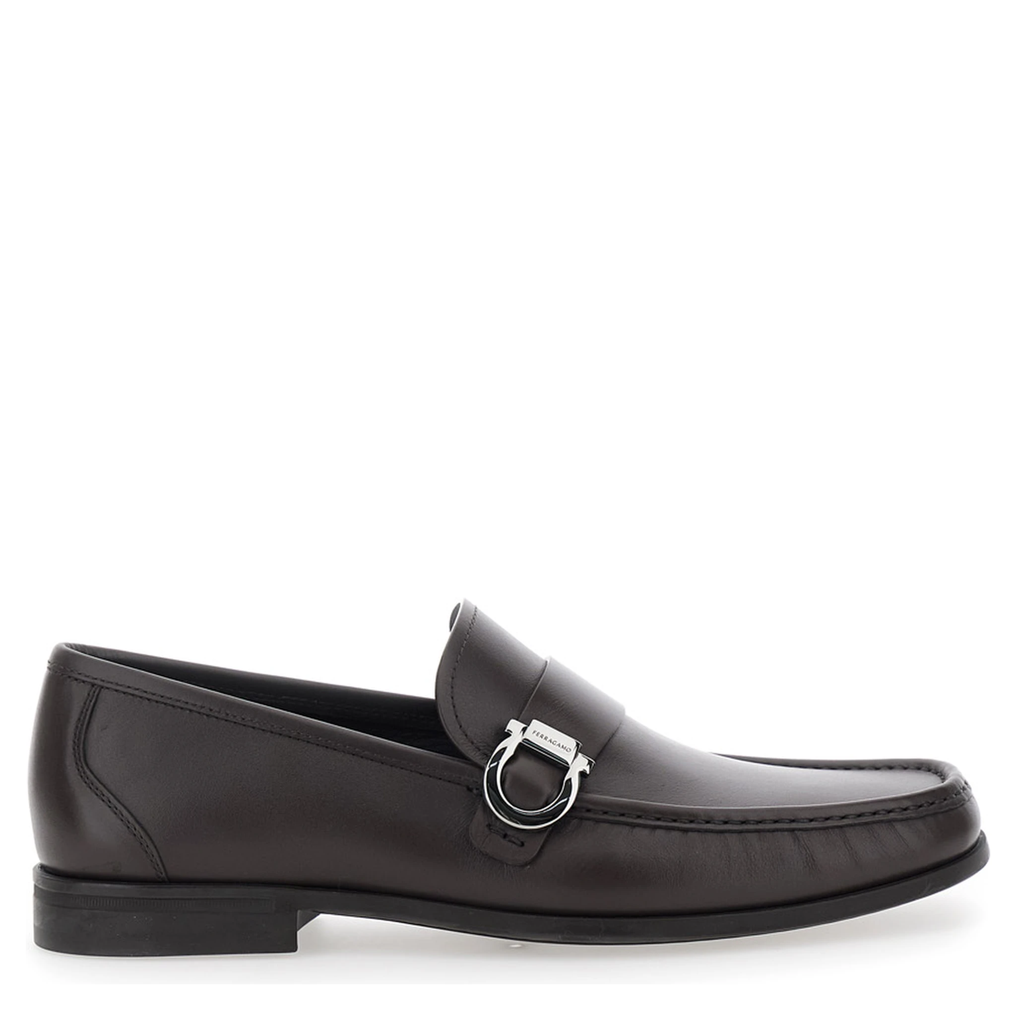 Brown Loafers with Gancini Detail on Side in Leather Man