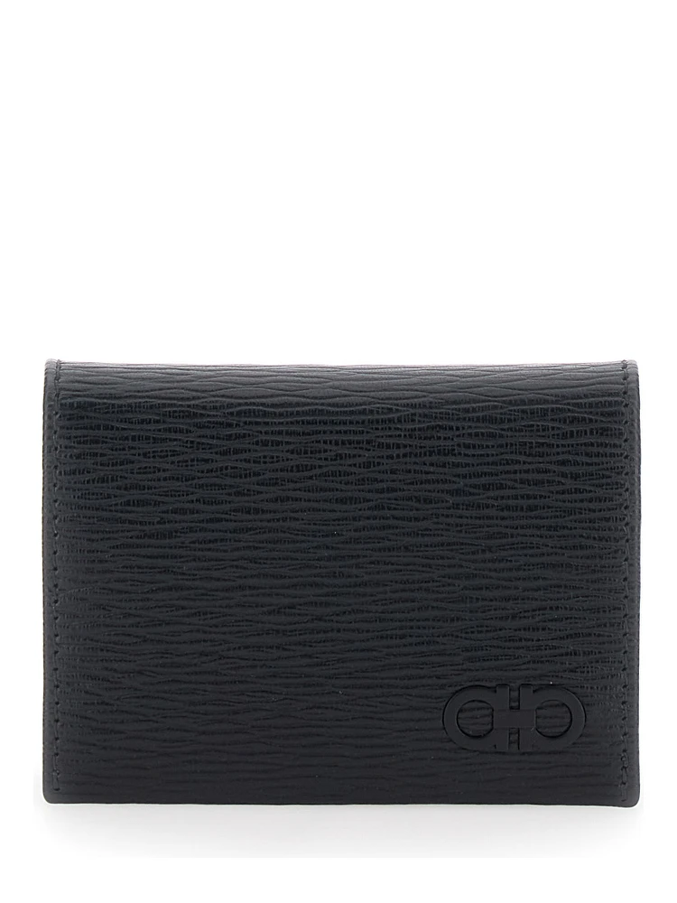 Revival Black Card Holder with Gancini Buckle on the Front in Leather Man