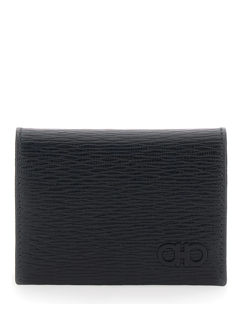 Revival Black Card Holder with Gancini Buckle on the Front in Leather Man