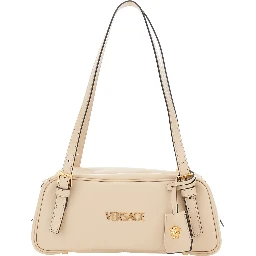 Tag Bowling White Shoulder Bag with Metallic Logo Lettering and Medusa Head Pendant in Leather Woman