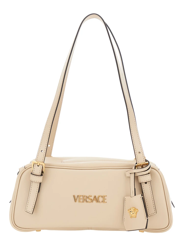 Tag Bowling White Shoulder Bag with Metallic Logo Lettering and Medusa Head Pendant in Leather Woman