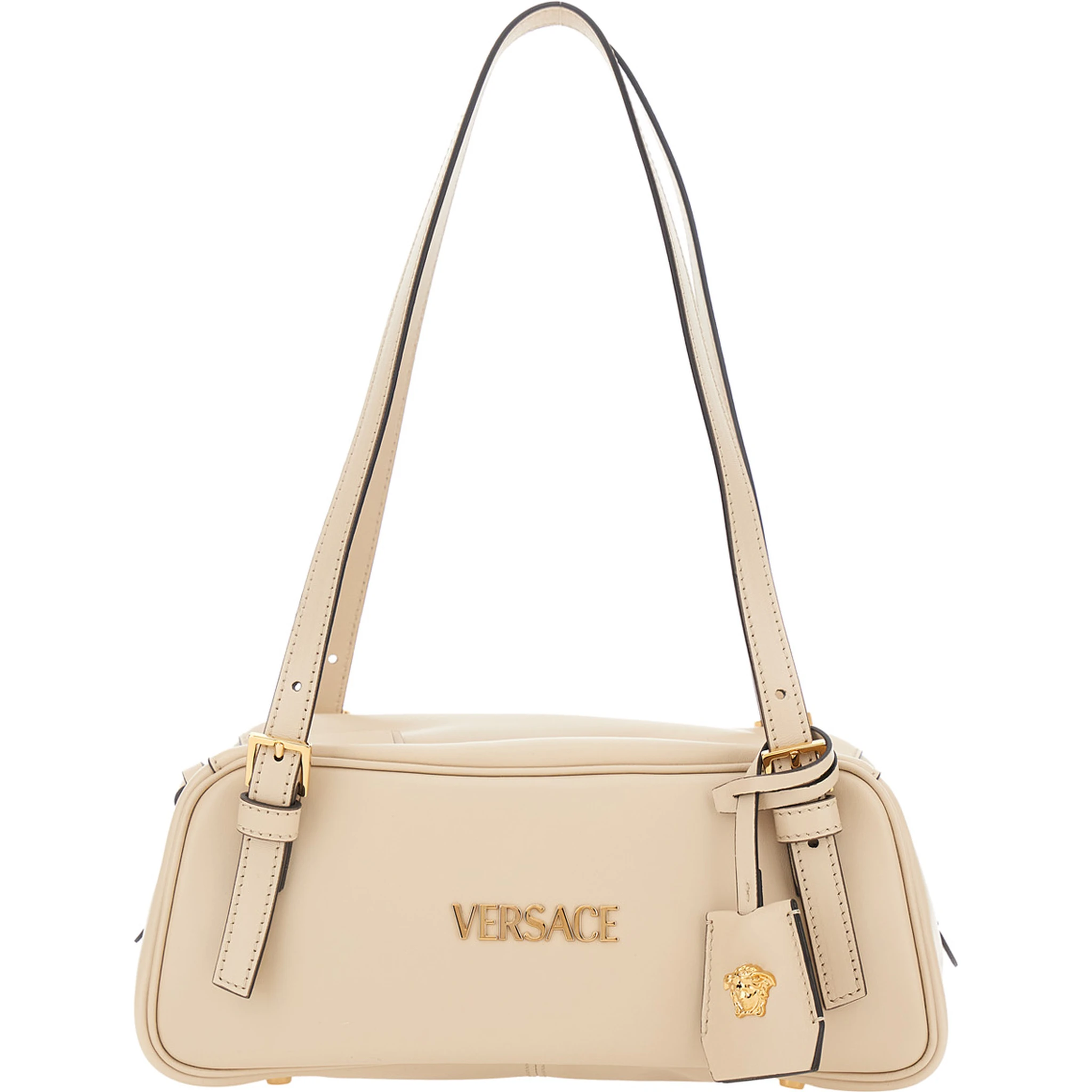 Tag Bowling White Shoulder Bag with Metallic Logo Lettering and Medusa Head Pendant in Leather Woman