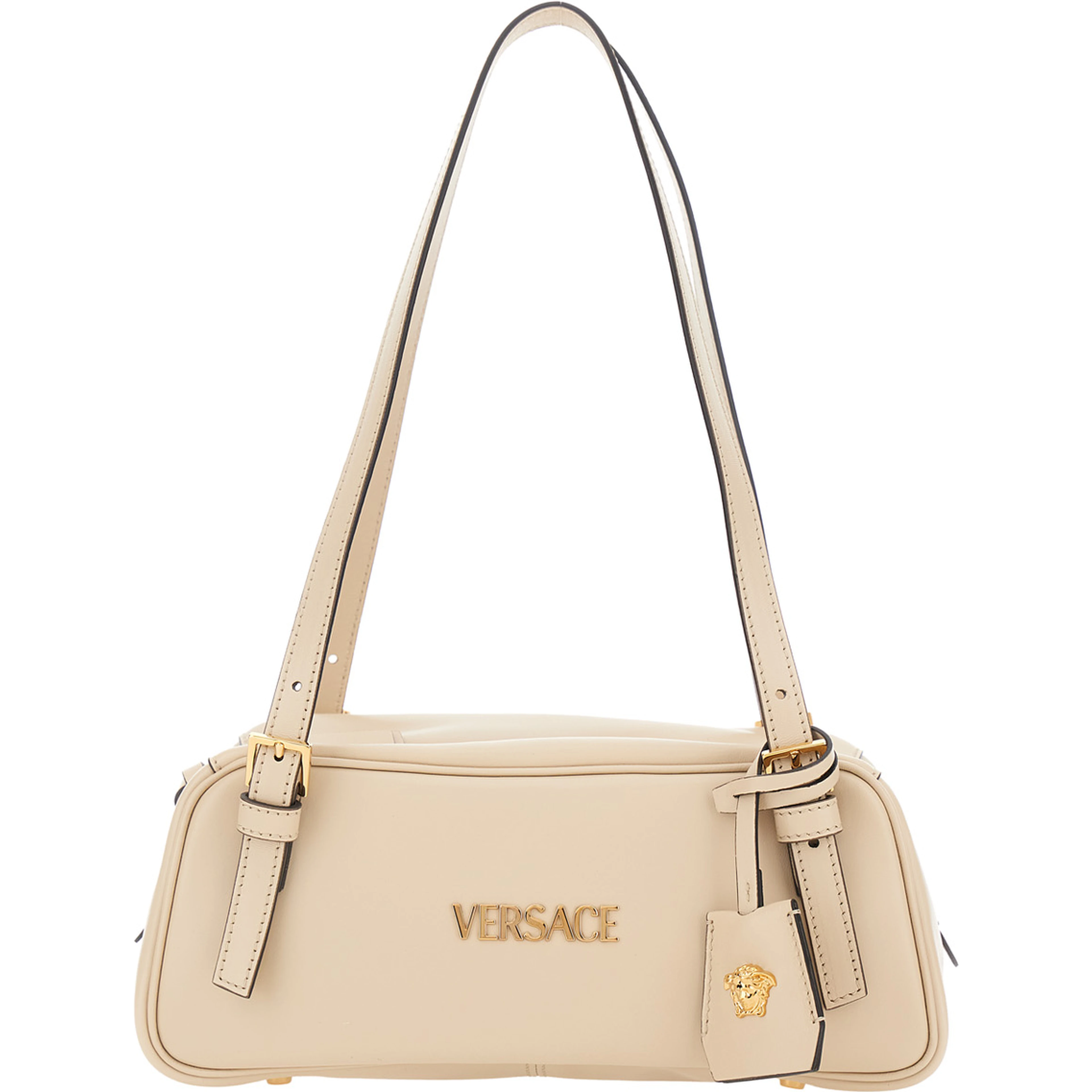 Tag Bowling White Shoulder Bag with Metallic Logo Lettering and Medusa Head Pendant in Leather Woman