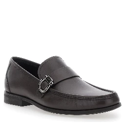 Brown Loafers with Gancini Detail on Side in Leather Man