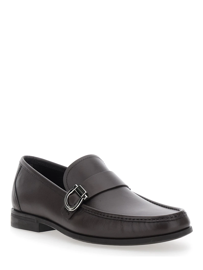 Brown Loafers with Gancini Detail on Side in Leather Man