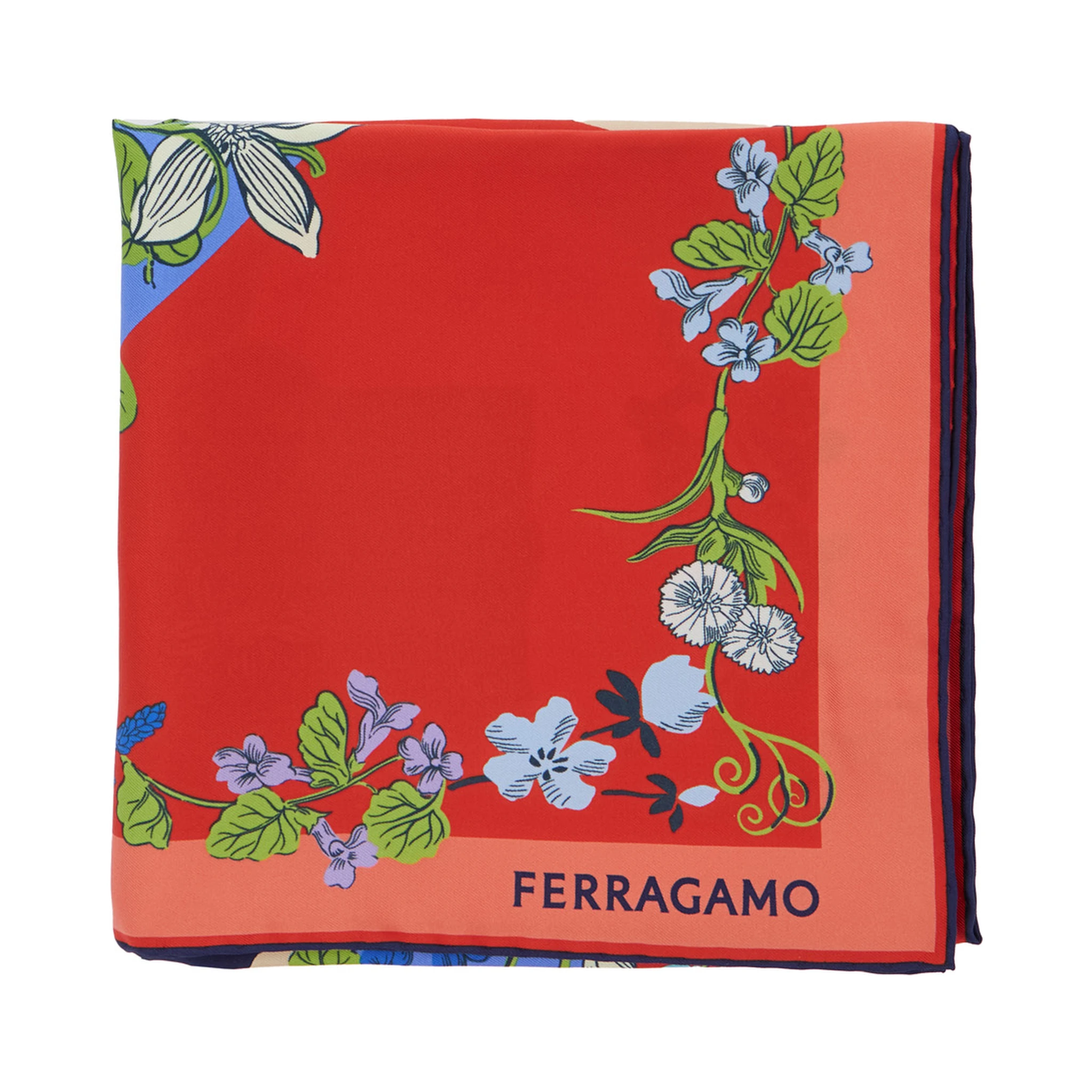 Red Scarf with Floral Print and Logo Lettering in Silk Woman