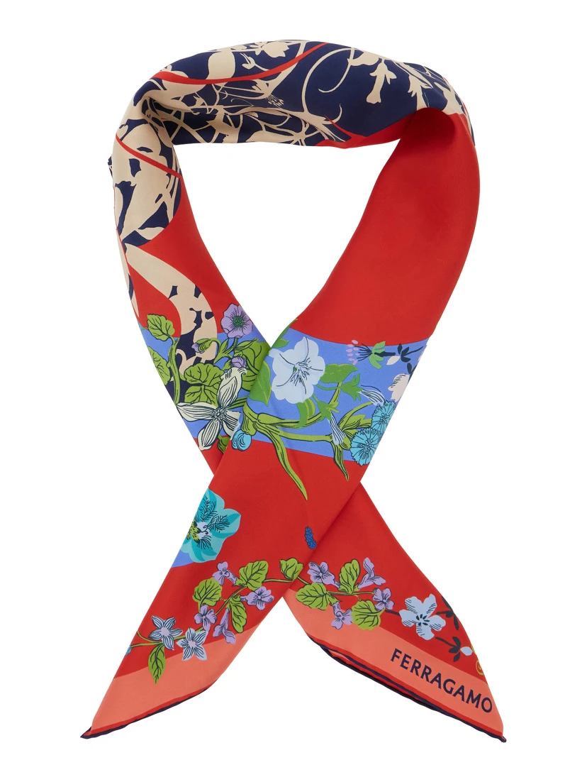 Red Scarf with Floral Print and Logo Lettering in Silk Woman