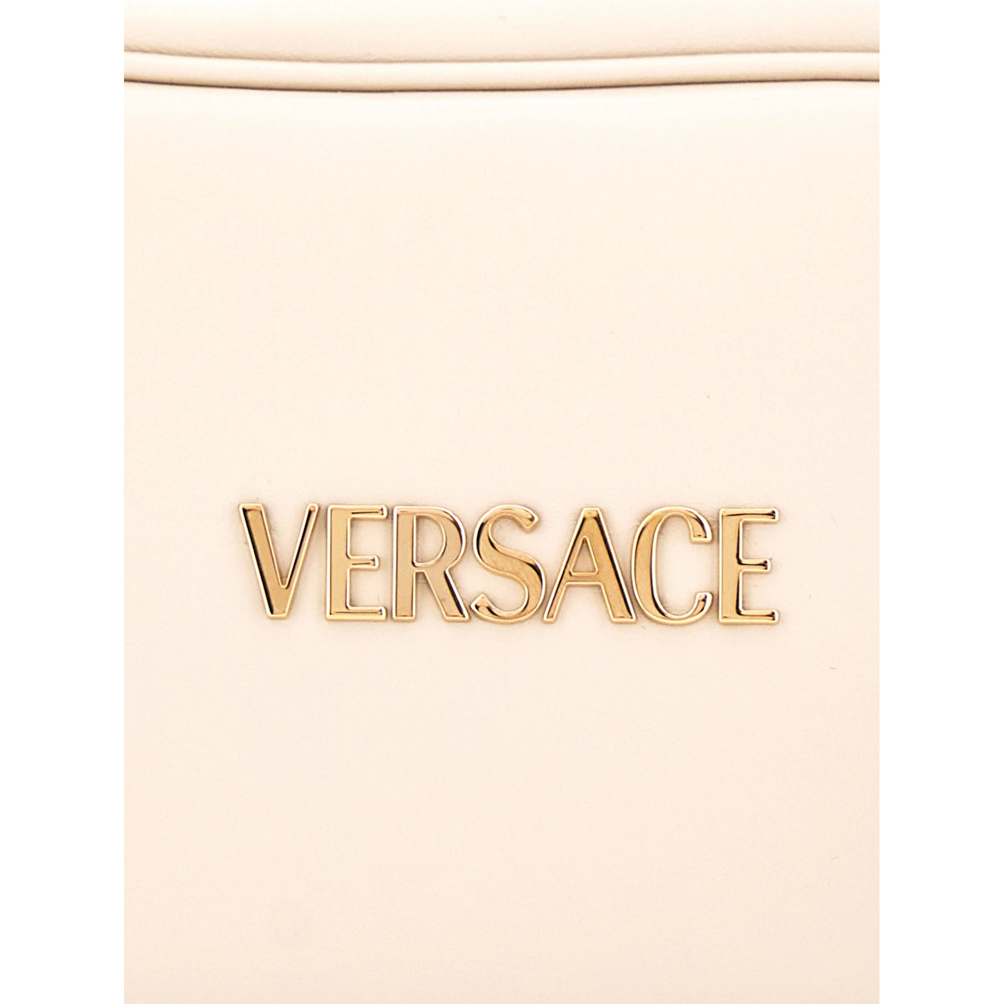 Tag Bowling White Shoulder Bag with Metallic Logo Lettering and Medusa Head Pendant in Leather Woman