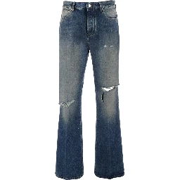 Blue Jeans with Rips on the Front and Logo Patch on the Back in Cotton Man