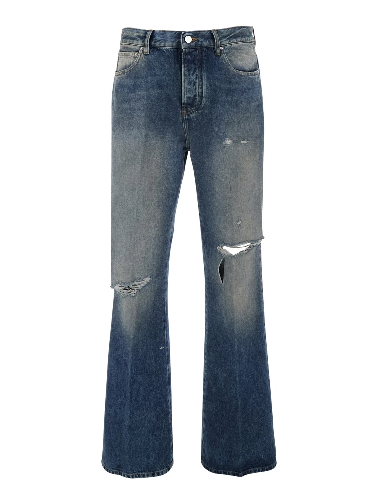 Blue Jeans with Rips on the Front and Logo Patch on the Back in Cotton Man