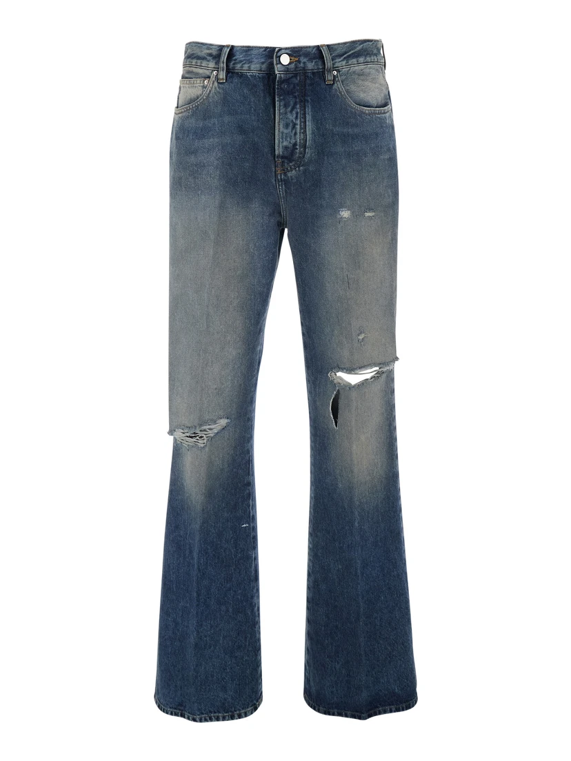 Blue Jeans with Rips on the Front and Logo Patch on the Back in Cotton Man