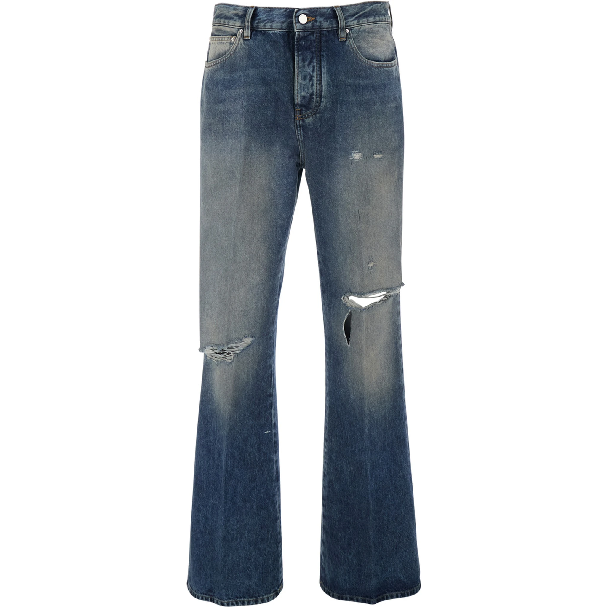 Blue Jeans with Rips on the Front and Logo Patch on the Back in Cotton Man