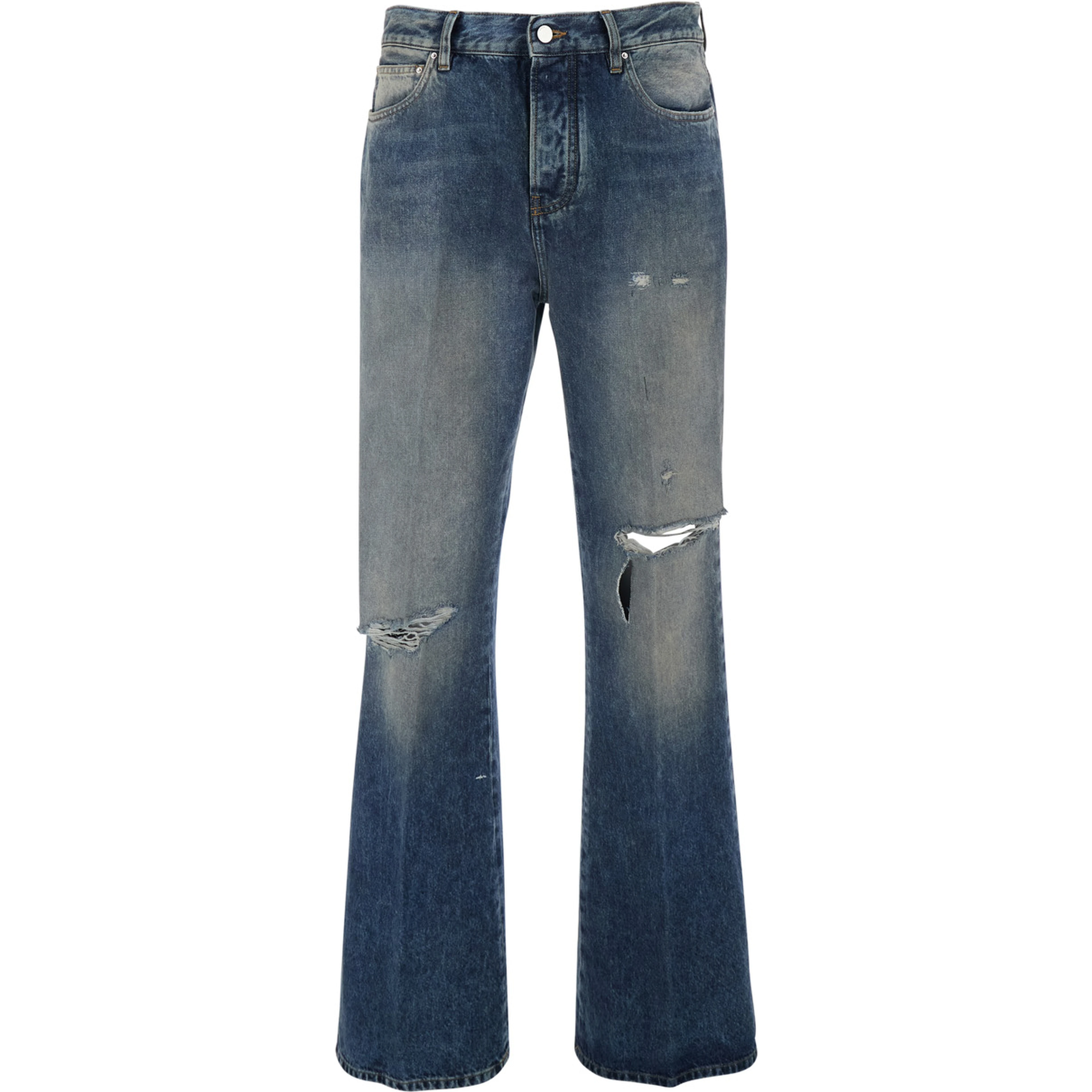 Blue Jeans with Rips on the Front and Logo Patch on the Back in Cotton Man