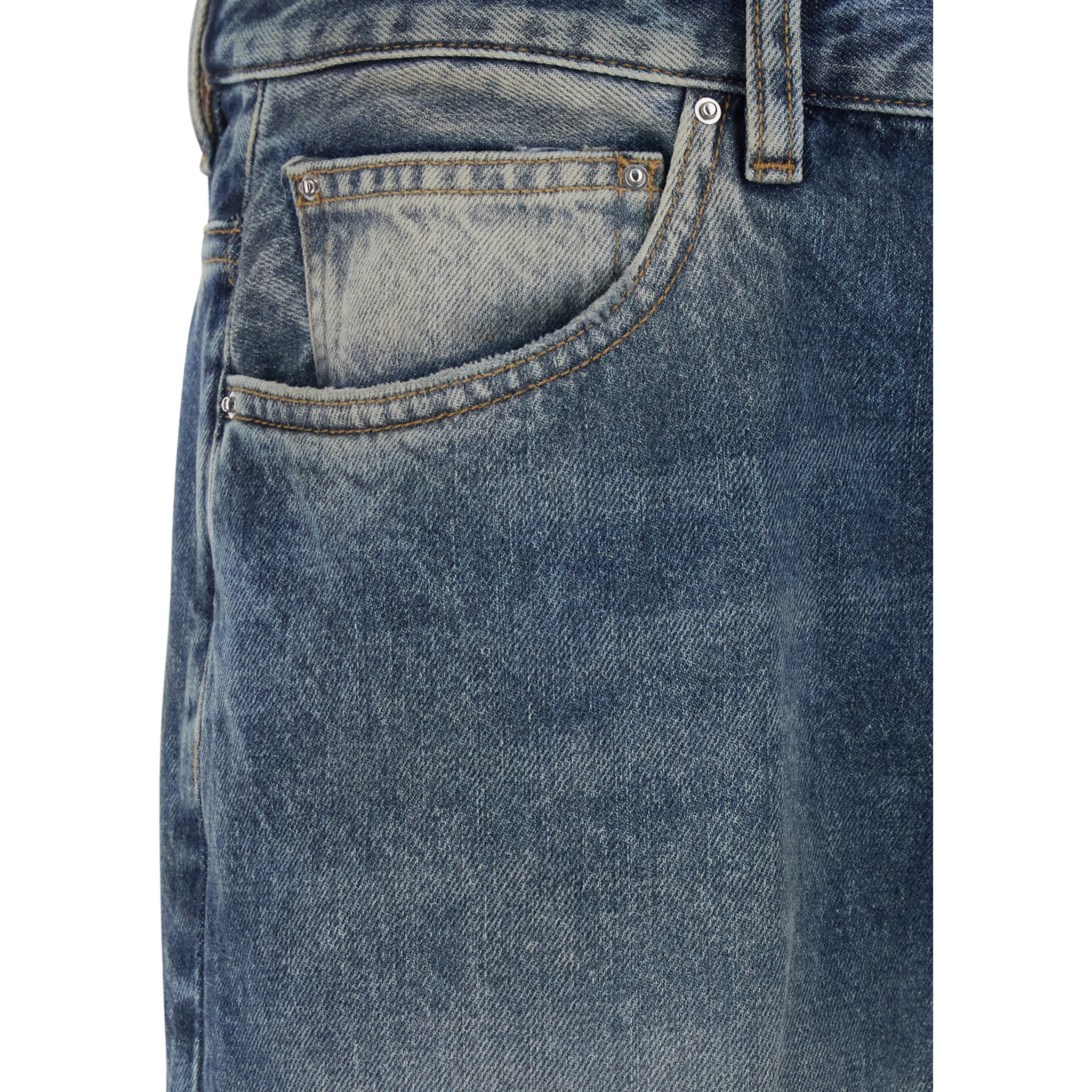 Blue Jeans with Rips on the Front and Logo Patch on the Back in Cotton Man