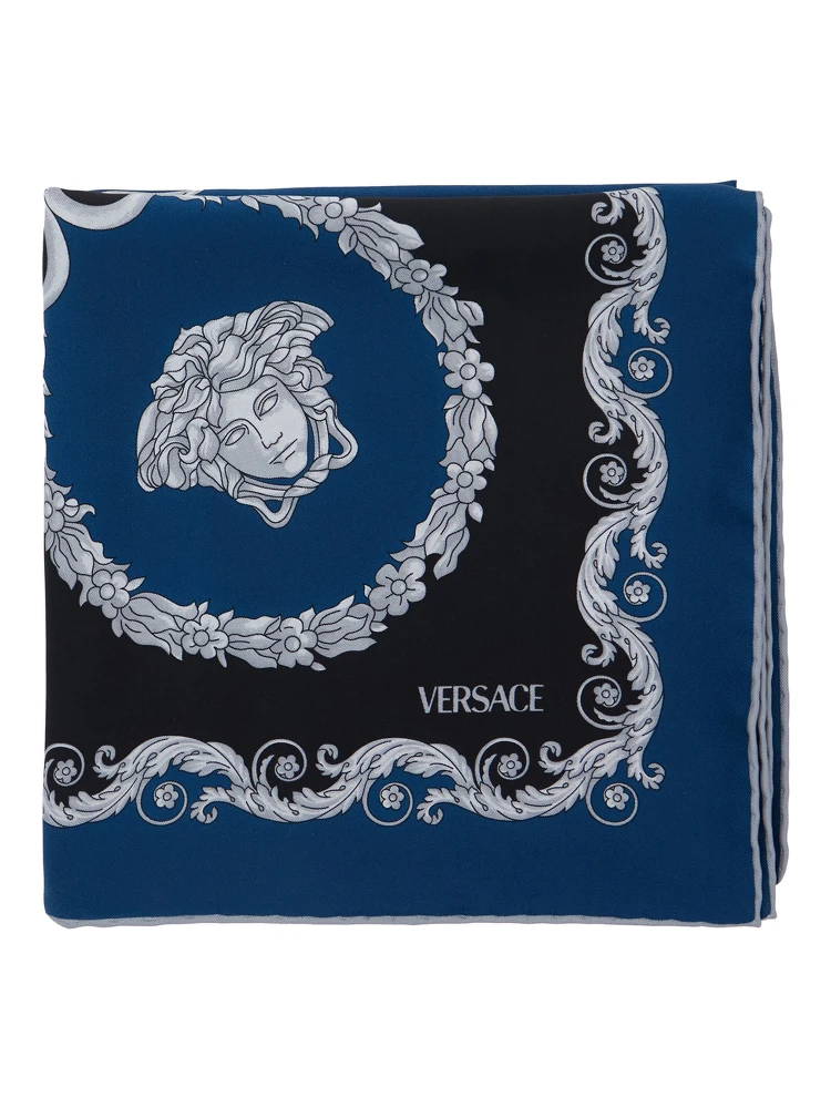 Blue Scarf with Geometric All-Over Motif in Silk Man