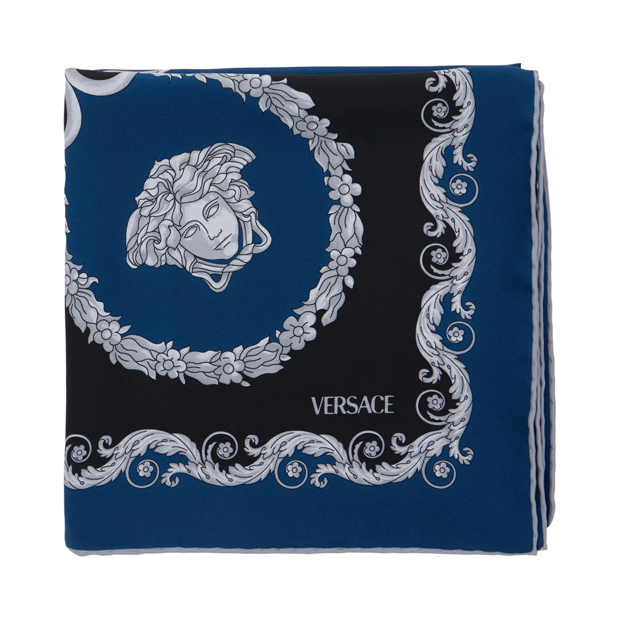 Blue Scarf with Geometric All-Over Motif in Silk Man