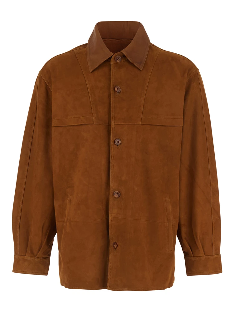 Brown Jacket with Classic Collar and Two Front Welt Pockets in Suede Man