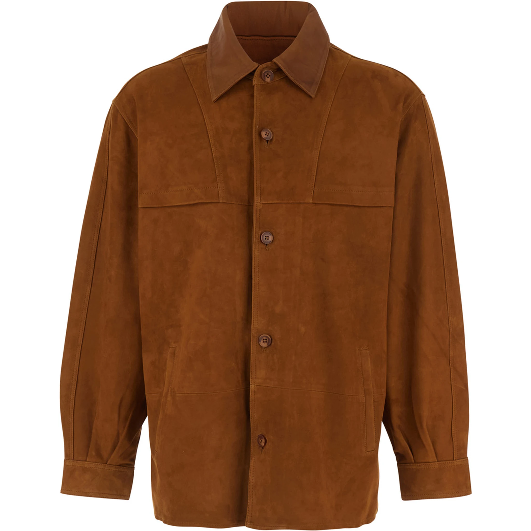 Brown Jacket with Classic Collar and Two Front Welt Pockets in Suede Man
