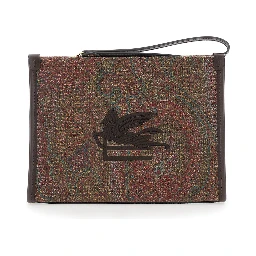 Arnica Brown Clutch with Embroidered Logo on the Front and All-Over Motif in Cotton Blend Woman