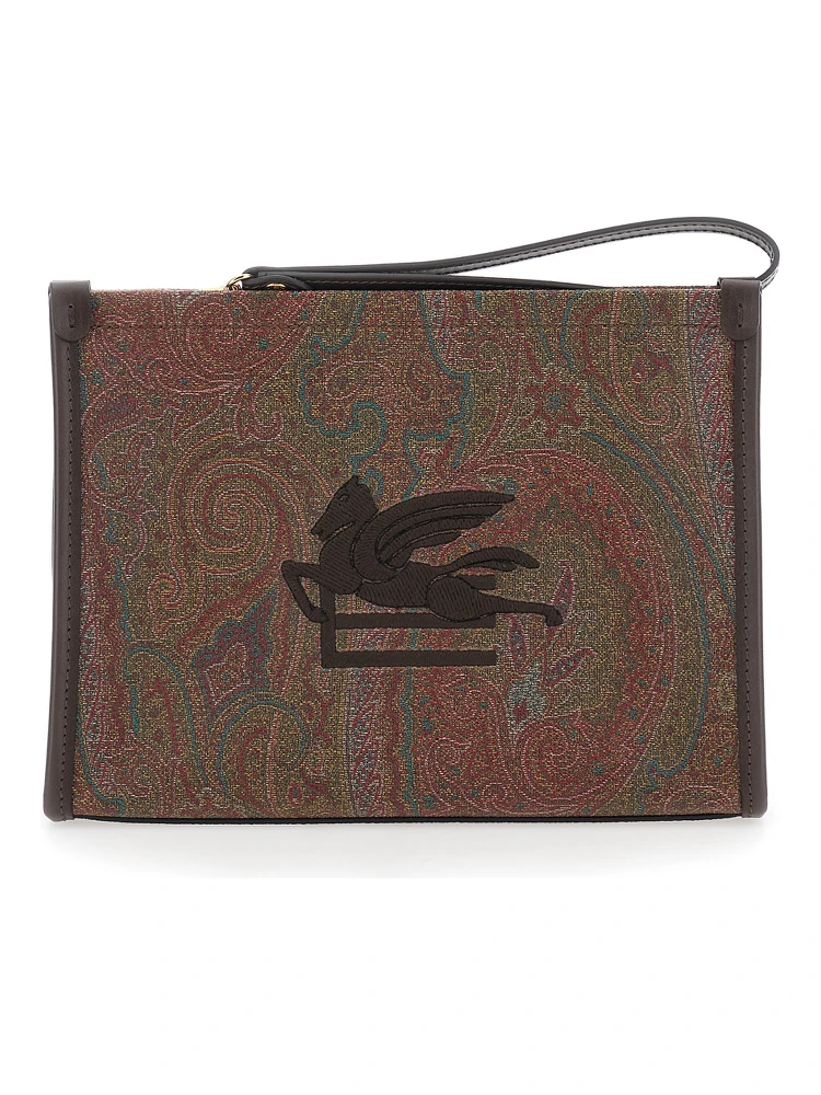 Arnica Brown Clutch with Embroidered Logo on the Front and All-Over Motif in Cotton Blend Woman