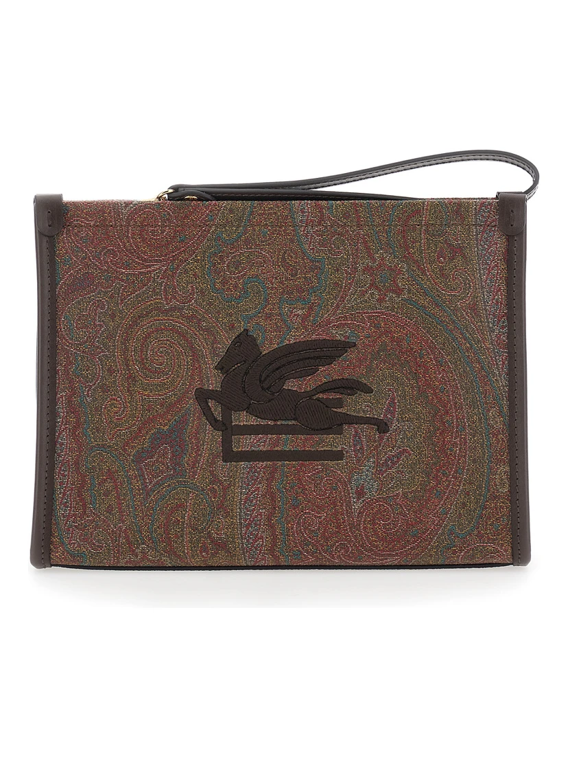 Arnica Brown Clutch with Embroidered Logo on the Front and All-Over Motif in Cotton Blend Woman
