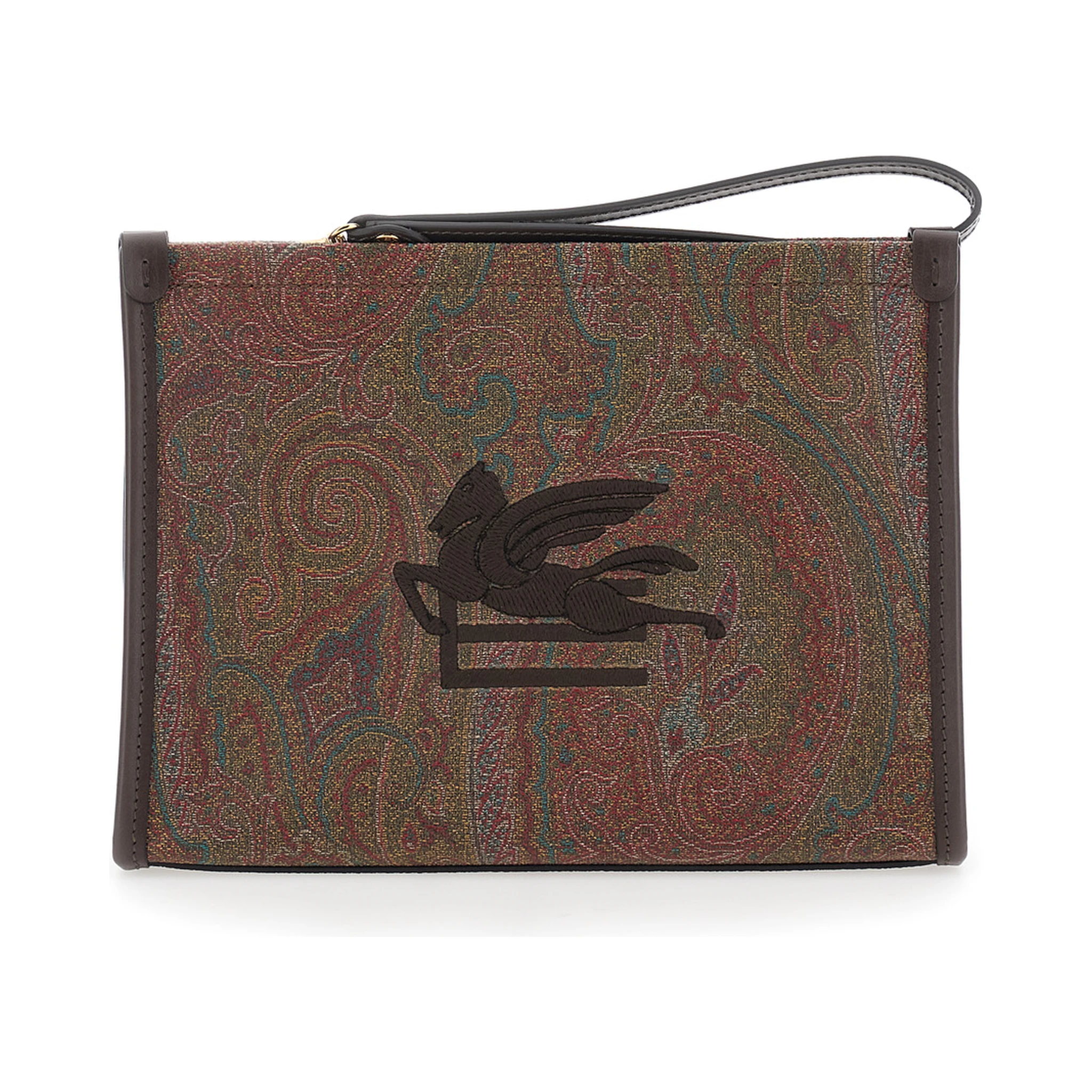 Arnica Brown Clutch with Embroidered Logo on the Front and All-Over Motif in Cotton Blend Woman