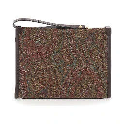 Arnica Brown Clutch with Embroidered Logo on the Front and All-Over Motif in Cotton Blend Woman