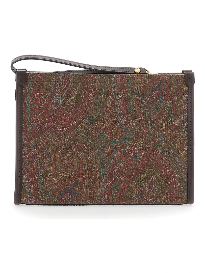 Arnica Brown Clutch with Embroidered Logo on the Front and All-Over Motif in Cotton Blend Woman