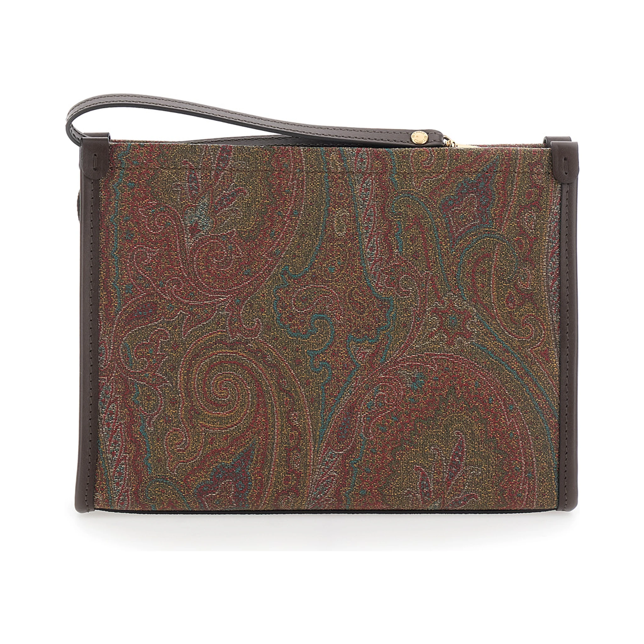 Arnica Brown Clutch with Embroidered Logo on the Front and All-Over Motif in Cotton Blend Woman