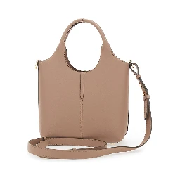 Ebr Mini Beige Shoulder Bag with Logo Metal Plate in Leather Woman
