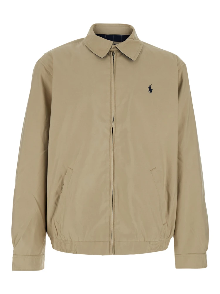Beige Jacket with Pony Embroidered on the Front in Tech Fabric Man