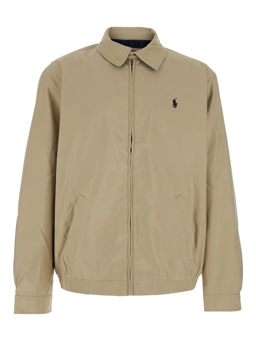 Beige Jacket with Pony Embroidered on the Front in Tech Fabric Man