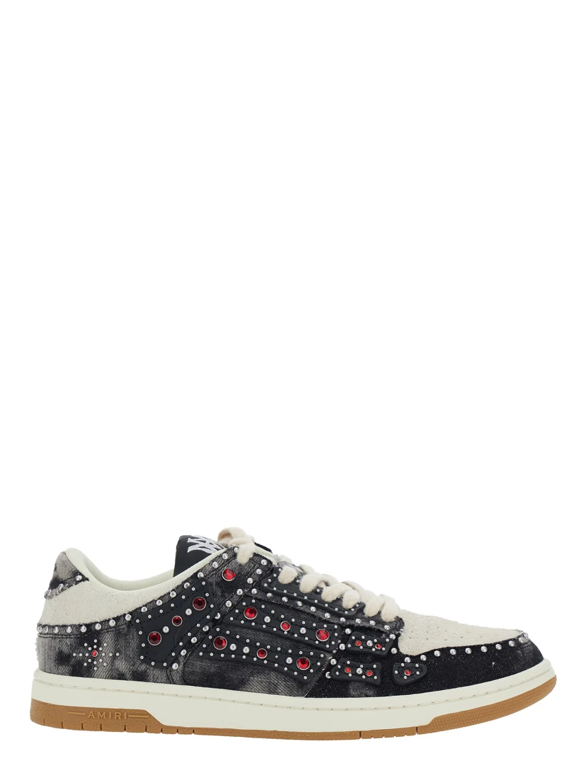 Skel Top Black Sneaker with Beads and Crystals Application and Logo on the Heel in Fabric and Cotton Man
