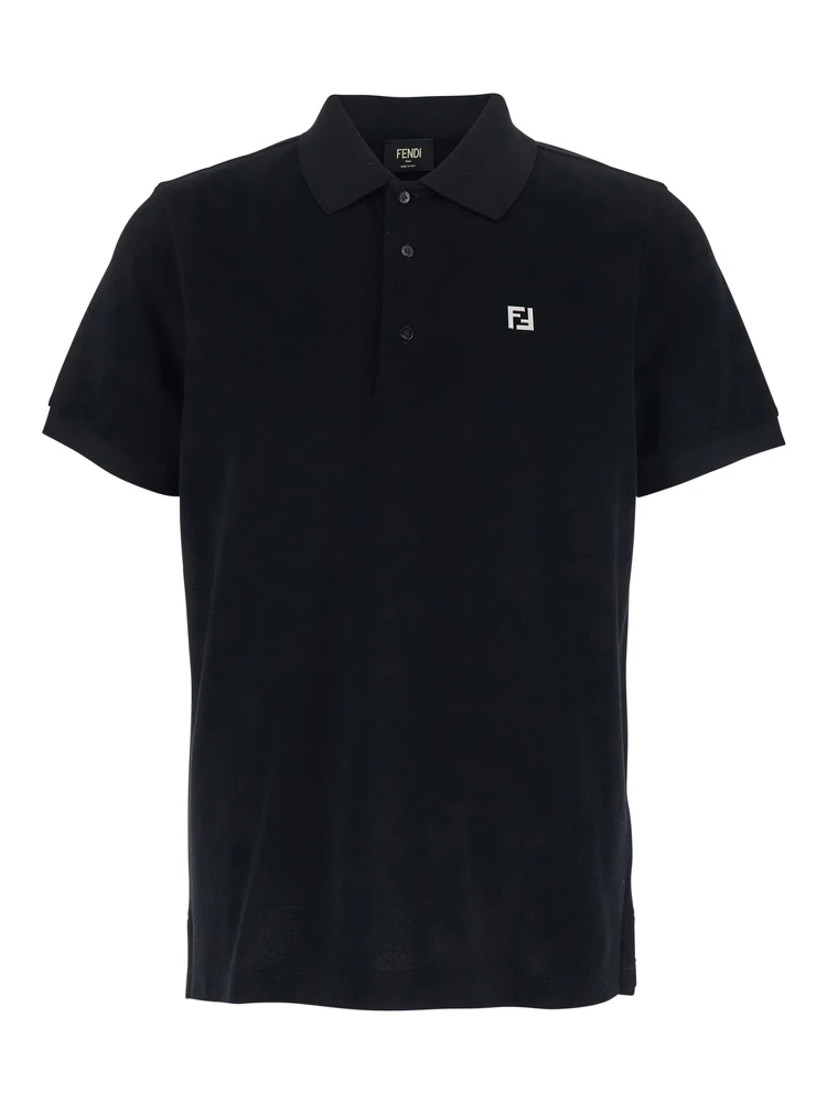 Black Polo Shirt with Metallic FF Logo on the Front in Cotton Pique Man
