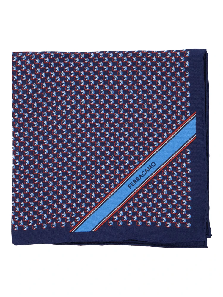 Blue Pocket Square with Gancini Print and Logo Lettering in Silk Man