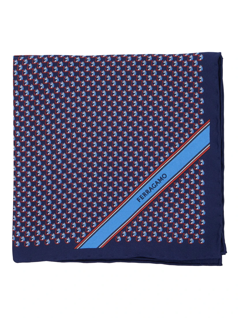 Blue Pocket Square with Gancini Print and Logo Lettering in Silk Man
