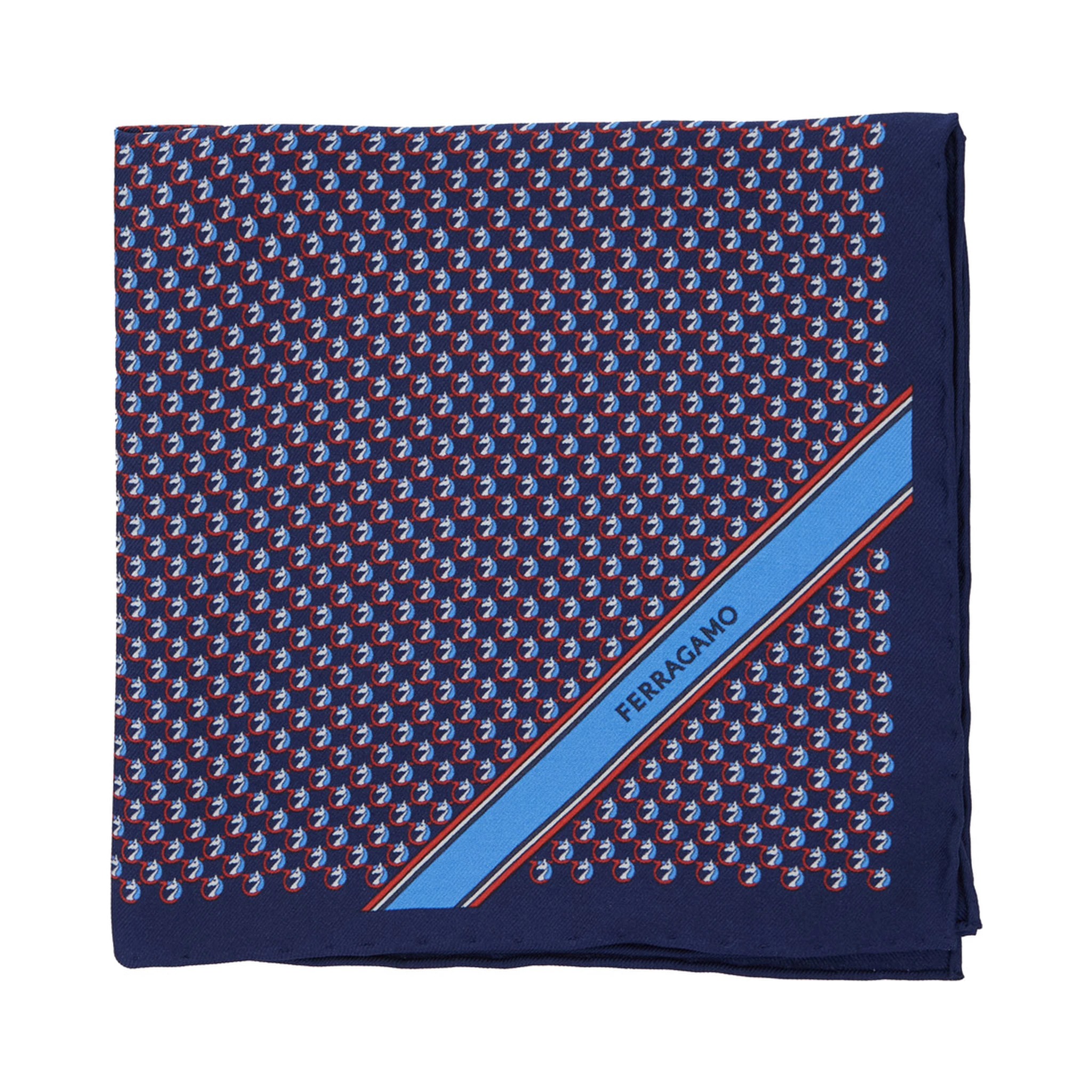 Blue Pocket Square with Gancini Print and Logo Lettering in Silk Man
