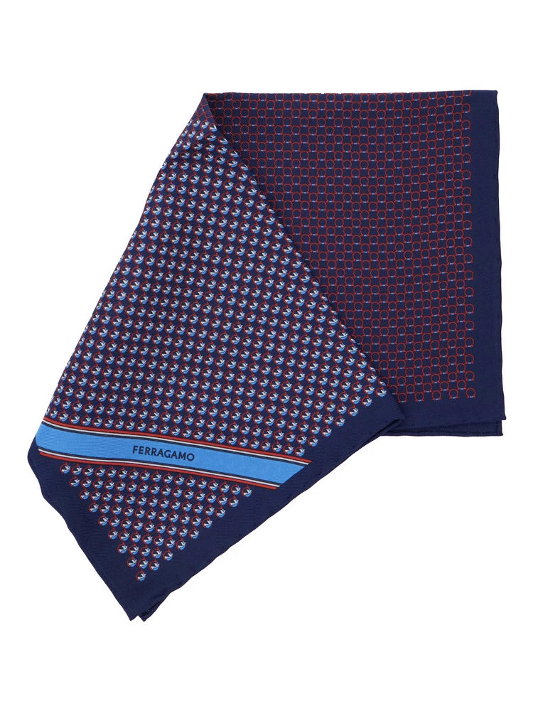Blue Pocket Square with Gancini Print and Logo Lettering in Silk Man alternative